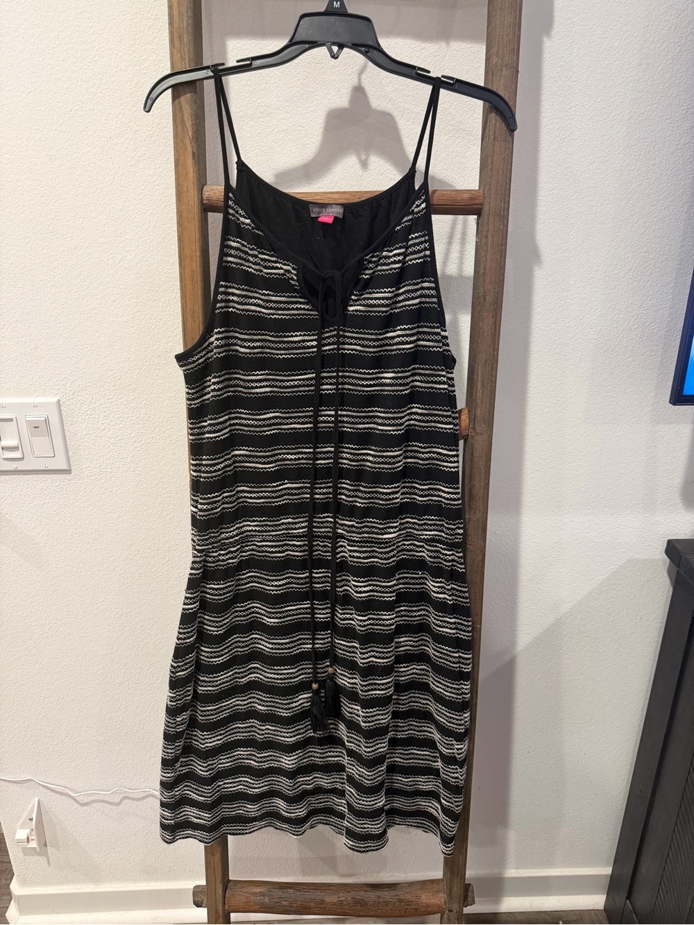 Vince Camuto Black and White Striped Tie-Neck Dress